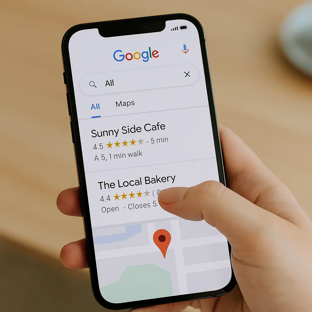 User tapping a local business listing in a Google search.