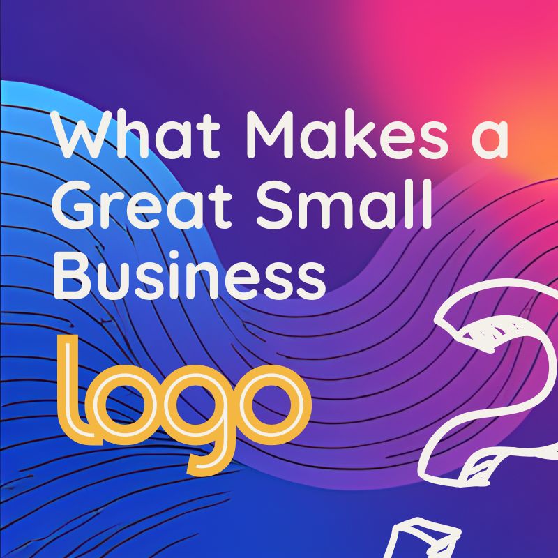 Illustration of a golden-yellow "Logo" tag with a question mark and pencil on a vibrant pink-purple-blue gradient background, representing the creative process of small business logo design.