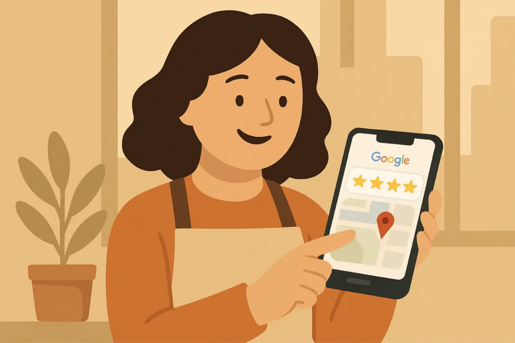 Cape Town shop owner viewing her Google Maps listing with five‑star reviews. SEO for Small Business South Africa