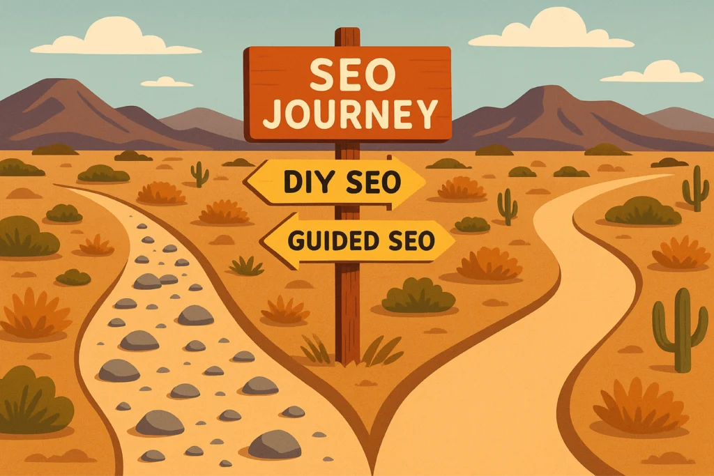 Karoo landscape with two paths depicting DIY versus guided SEO routes. SEO for Small Business South Africa